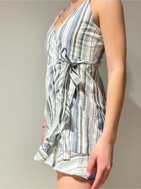 Olive Scent Striped Coastal Cowgirl Blue & White Wrap Mini Dress Small
